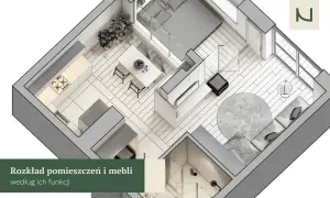 Projekt mieszkania z kuchnią, jadalnią, sypialnią i salonem, z uwzględnieniem zasad feng shui dla harmonii i przepływu energii.