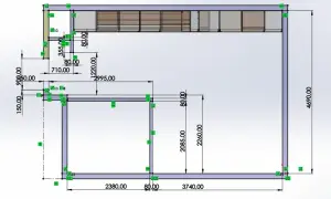 Rysunek techniczny z wymiarami szafek kuchennych. Pokazuje rozmieszczenie i gabaryty poszczególnych modułów.