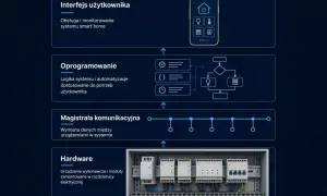 Schemat systemu smart home: interfejs, oprogramowanie, magistrala komunikacyjna i hardware z modułami, gdzie każdy czujnik jest kluczowym elementem.
