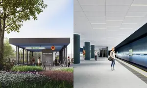 Wizualizacja wejścia i peronu stacji metra. Nowoczesna architektura, zieleń i ludzie czekający na 3 linię metra warszawa.