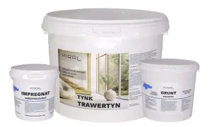 Zestaw produktów Miral: tynk trawertyn, impregnat i grunt. Idealne do stworzenia dekoracyjnej, naturalnej struktury na ścianach.