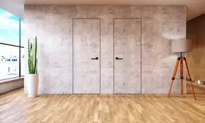 Dwa minimalistyczne, **drzwi ukryte w ścianie** z betonu architektonicznego, z czarnymi uchwytami. Obok stoi lampa i roślina.