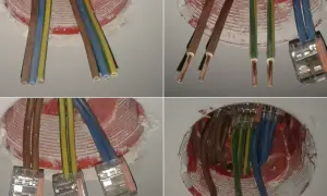 Instalacja elektryczna w trakcie prac. Widać ydy, przewody w puszkach instalacyjnych.
