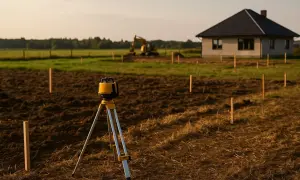 Precyzyjne tyczenie fundamentów pod dom. Odrolnienie działki w toku, niwelator laserowy i koparka w tle wskazują na początek budowy.