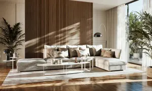 Przytulny salon w stylu japandi z dużą, wygodną sofą, drewnianą ścianą i roślinami.