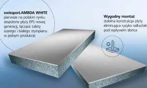 Dwie płyty styropianu EPS, szaro-białe, z widocznym przekrojem. Produkt łączy zalety szarego i białego styropianu.