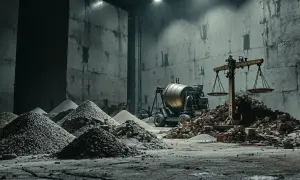 Waga pokazuje, ile kosztuje kubik betonu. W tle betoniarka i sterty materiałów budowlanych.