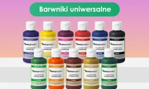 Kolorowe barwniki do żywic mineralnych Naturcolor, w tym odcienie jak szelak, w buteleczkach po 100g.