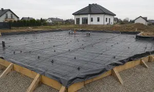 Fundament budowy domu z zbrojeniem i folią fundamentową, gotowy do zalania betonem.