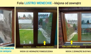Folia LUSTRO WENECKIE na oknie. Pokazano efekt przed i po aplikacji, widok z zewnątrz i od wewnątrz.