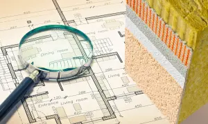 Plan domu z lupą i przekrojem izolacji. Sprawdzamy lambda styropianu dla lepszego ocieplenia.