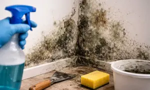 Rękawica w niebieskiej rękawiczce trzyma butelkę z płynem do czyszczenia, celując w narożnik ściany pokryty ciemnym grzybem. Obok leżą szpachelka i gąbka.