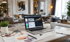 Laptop z wykresem, próbki kolorów, kalkulator i notatki na biurku. To miejsce pracy architekta wnętrz, który zastanawia się, ile zarabia.