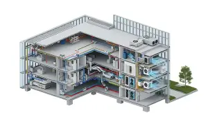 Przekrój budynku pokazuje system HVAC: ogrzewanie, wentylacja i klimatyzacja. Rury i kanały rozprowadzają powietrze i płyny.