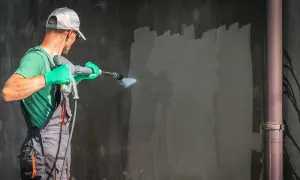 Mężczyzna w zielonej koszulce i ogrodniczkach myje elewację myjką ciśnieniową. Sprawdź, jaka jest mycie elewacji cena.