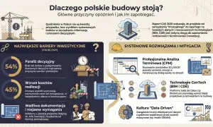 Infografika o przyczynach opóźnień w budownictwie. Kluczowe bariery to paraliż decyzyjny, wzrost kosztów i wadliwa dokumentacja. Rozwiązania to analiza terminowa, technologie ConTech i kultura "data-driven", wspierające projekt budowlany.