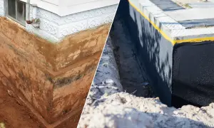 Porównanie: stary, wilgotny fundament z widocznymi warstwami ziemi i nowy, zabezpieczony izolacją pionową fundamentów.