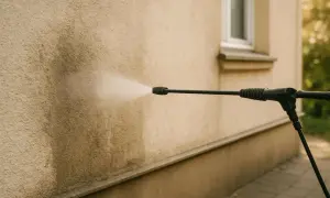 Czyszczenie na wysokości: strumień wody z myjki ciśnieniowej usuwa brud z elewacji.