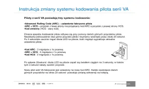 Instrukcja jak zaprogramować pilot do bramy serii VA. Opisuje zmianę systemu kodowania pilota, np. ARC, ARC+HCS, HCS.