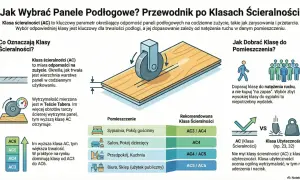Ilustracja wyjaśnia klasę ścieralności paneli podłogowych (AC), pokazując test zużycia i rekomendacje dla pomieszczeń.