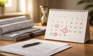 Kalendarz z zaznaczonymi datami 12, 21 i 26. Obok dokumenty i plany, symbolizujące czas oczekiwania, ile się czeka na pozwolenie na budowę.