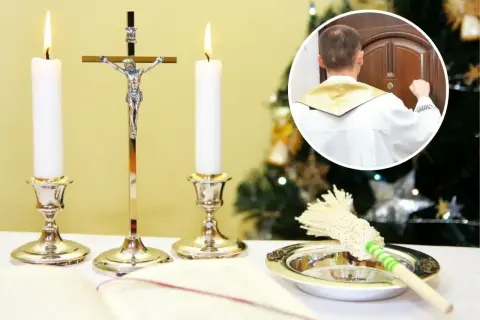 Jak przygotować stół na kolędę: krzyż, świece, kropidło i księga zapowiadają wizytę duszpasterza.