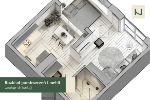 Projekt mieszkania z kuchnią, jadalnią, sypialnią i salonem, z uwzględnieniem zasad feng shui dla harmonii i przepływu energii.
