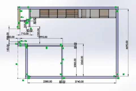 Rysunek techniczny z wymiarami szafek kuchennych. Pokazuje rozmieszczenie i gabaryty poszczególnych modułów.