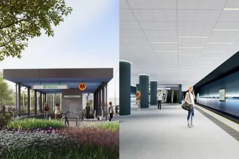 Wizualizacja wejścia i peronu stacji metra. Nowoczesna architektura, zieleń i ludzie czekający na 3 linię metra warszawa.