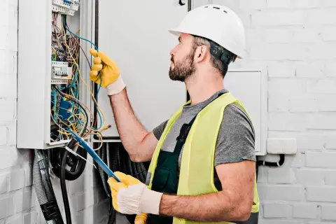 Elektryk w kasku i kamizelce odblaskowej pracuje przy skrzynce z przewodami. Sprawdź nasze usługi elektryczne cennik.