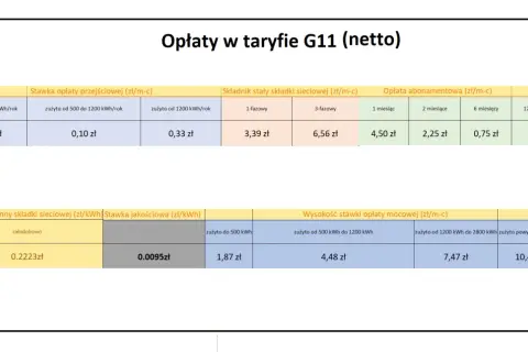 Taryfa G11 netto: ile kosztuje 1 kWh PGE? Zależy od zużycia. Np. 0,20 zł przy zużyciu do 500 kWh/rok.