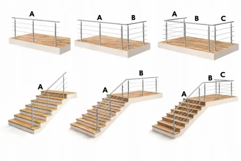 Przykłady mocowania balustrady od czoła na schodach i tarasach. Różne konfiguracje słupków i poręczy.