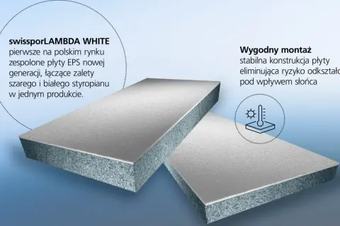 Dwie płyty styropianu EPS, szaro-białe, z widocznym przekrojem. Produkt łączy zalety szarego i białego styropianu.