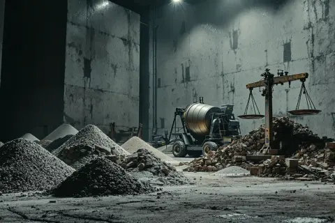 Waga pokazuje, ile kosztuje kubik betonu. W tle betoniarka i sterty materiałów budowlanych.