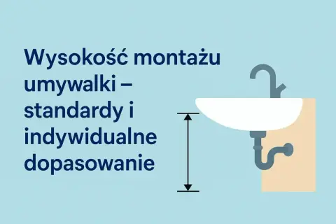 Wysokość montażu umywalki nablatowej: standardy i indywidualne dopasowanie. Ilustracja pokazuje umywalkę z baterią i odpływem, z zaznaczoną wysokością montażu.