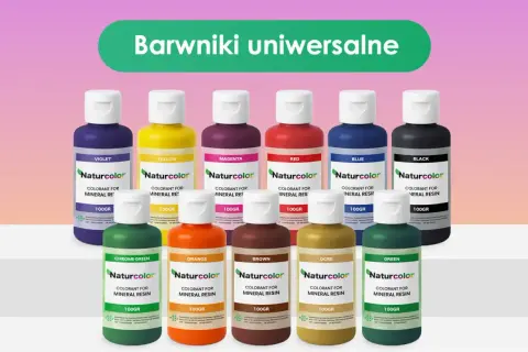 Kolorowe barwniki do żywic mineralnych Naturcolor, w tym odcienie jak szelak, w buteleczkach po 100g.