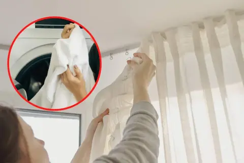 Jak prać firanki? Włóż je do pralki, a potem powieś z powrotem na karniszu.