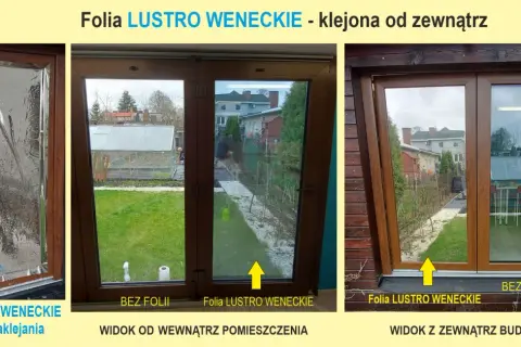 Folia LUSTRO WENECKIE na oknie. Pokazano efekt przed i po aplikacji, widok z zewnątrz i od wewnątrz.