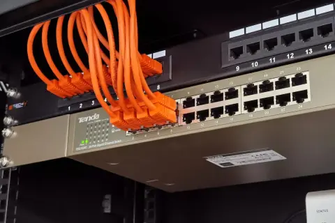 Pomarańczowe kable sieciowe podłączone do przełącznika LAN.