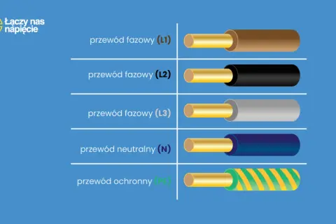 Przewody elektryczne: fazowy (L1, L2, L3), neutralny (N) i ochronny (PE) w różnych kolorach izolacji.