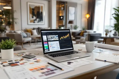 Laptop z wykresem, próbki kolorów, kalkulator i notatki na biurku. To miejsce pracy architekta wnętrz, który zastanawia się, ile zarabia.