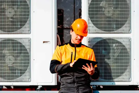 Technik w pomarańczowym kasku sprawdza dane na tablecie przy jednostkach zewnętrznych pompy ciepła. Dofinansowanie do pompy ciepła może być w zasięgu ręki!