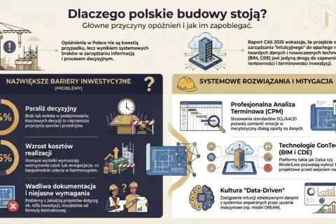 Infografika o przyczynach opóźnień w budownictwie. Kluczowe bariery to paraliż decyzyjny, wzrost kosztów i wadliwa dokumentacja. Rozwiązania to analiza terminowa, technologie ConTech i kultura "data-driven", wspierające projekt budowlany.