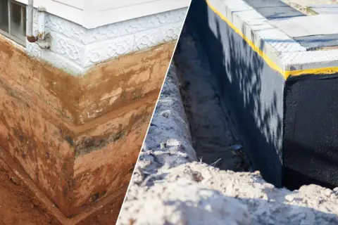 Porównanie: stary, wilgotny fundament z widocznymi warstwami ziemi i nowy, zabezpieczony izolacją pionową fundamentów.