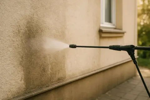 Czyszczenie na wysokości: strumień wody z myjki ciśnieniowej usuwa brud z elewacji.