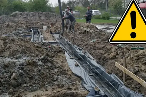 Budowa fundamentu: pracownicy wylewają beton do wykopu zbrojeniowego.