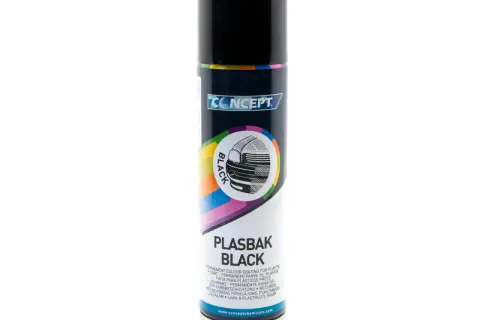 Czarna farba w sprayu Concept Plasbak Black. Idealna jako trwała farba do plastiku na zewnątrz, odnawia elementy samochodowe.