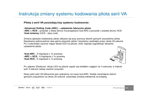 Instrukcja jak zaprogramować pilot do bramy serii VA. Opisuje zmianę systemu kodowania pilota, np. ARC, ARC+HCS, HCS.