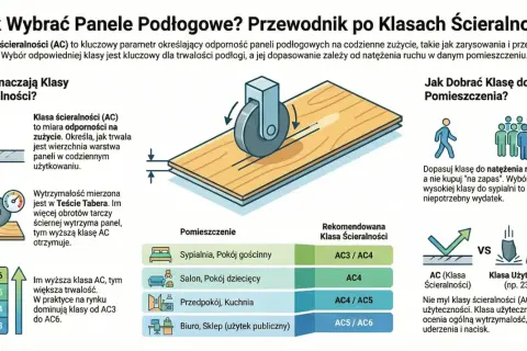 Ilustracja wyjaśnia klasę ścieralności paneli podłogowych (AC), pokazując test zużycia i rekomendacje dla pomieszczeń.