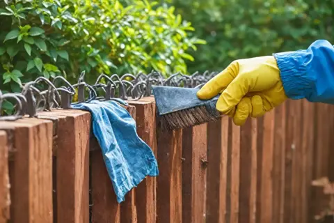 Rękawiczka w żółtej rękawicy szczotkuje metalowy element, pokazując, jak usunąć rdzę z metalu. Obok leży niebieska szmatka.
